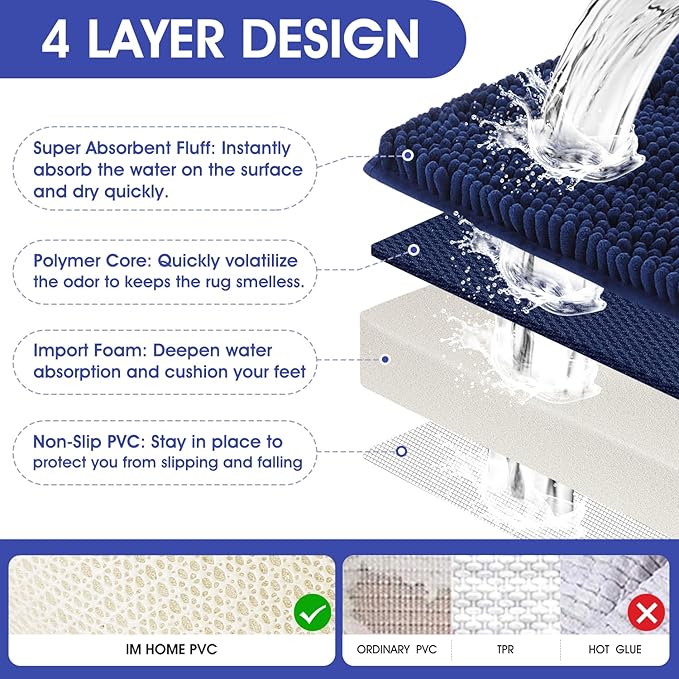 ACCUMTEK Striped Navy Blue Bathroom Rug Mat Set 2 Piece 32"x20"+60"x20" Ultra Soft, Non Slip Chenille Bath Rugs, Absorbent Plush Shaggy Bath Mats for Bathroom, Bedroom, Kitchen, Shower, Tub