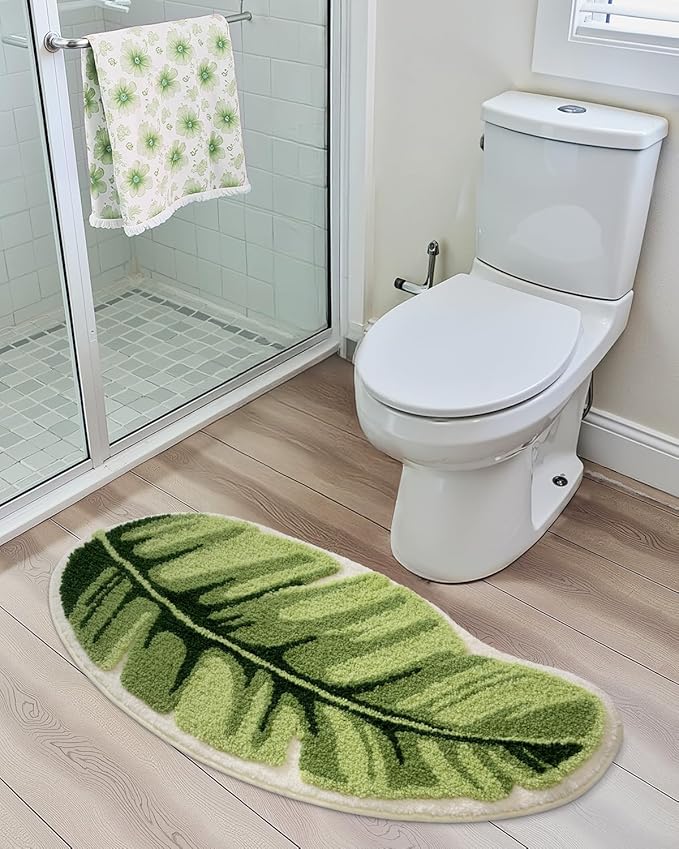 LUMI Cute Bathroom Rugs with Green Leaf Plant, Soft, Fluffy, Plush, Absorbent, Quick Dry, Non Slip, Machine Washable for Shower Floor, Bathroom, Bedroom,Kids Room, 19.5"x39.5", Palm Leaf