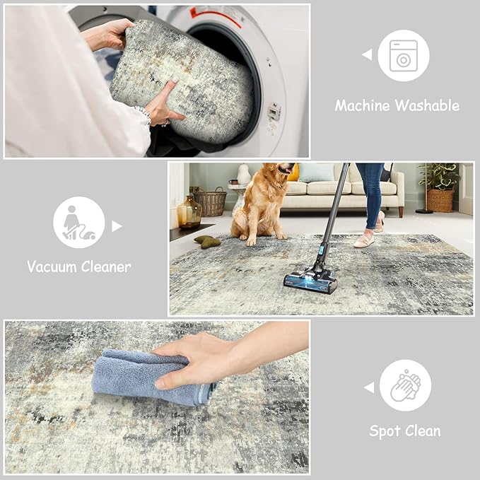 Lahome Modern Abstract Area Rug - 4x6 Grey Rugs for Bedroom Washable Dining Room Rug Living Room Mat, Non Slip Contemporary Indoor Floor Nursery Carpet for Kitchen Laundry Room Entryway