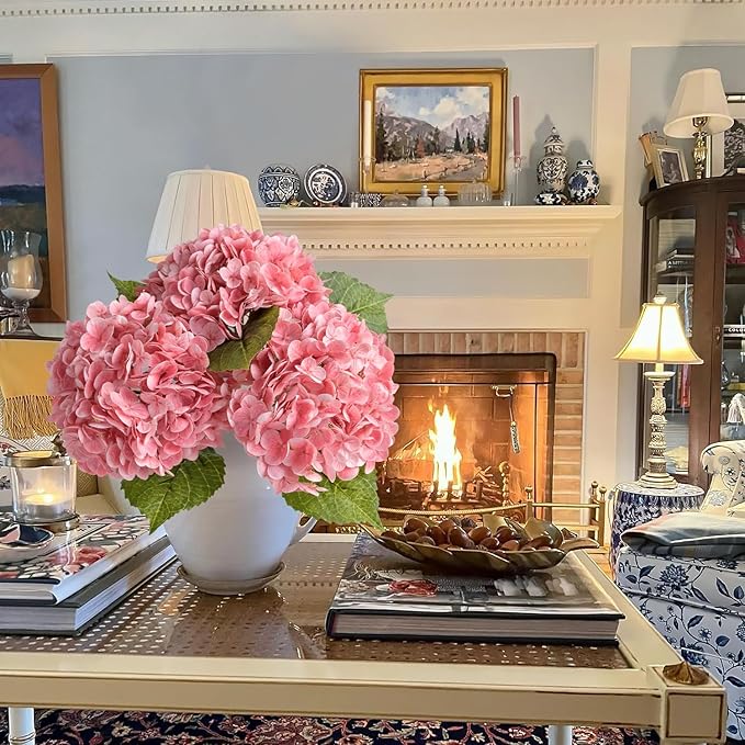 Real Touch Pink Hydrangea Artificial Flowers,3Pcs 21” Large Royal Faux Silk Flowers, Fake Artificial Hydrangeas for Christmas Kitchen Home Wedding Bouquet Centerpieces Tables