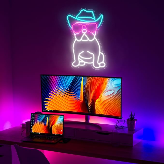 Cowboy French Bulldog Neon Sign for Wall Decor Cowboy Frenchie Wearing Glasses LED Neon Lights French Bulldog Decor Accessories Frenchie Decor French Bulldog Gifts (Cowboy),10.6x15.2 inches.