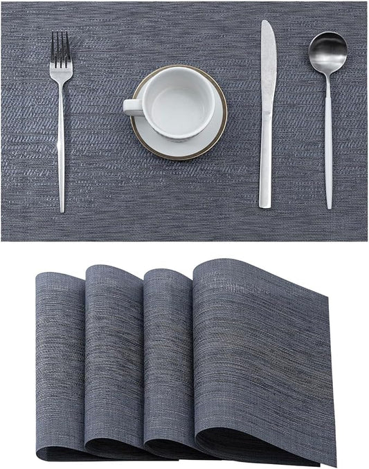 Leetaltree Denim Blue Placemats Set of 4 - Heat Resistant Non-Slip Place mats for Dining Table, Washable Durable PVC Vinyl Woven Table Mats(Denim Blue, 4)