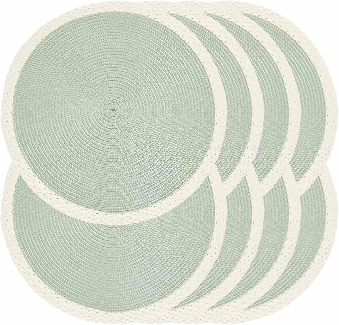 Noctiflorous Round Braided Placemats Set of 8 Table Mats 15 Inches Washable Heat Resistant for Dining Table Non-Slip Indoor Outdoor Place Mats for Easter(02 White Edge Green 8)