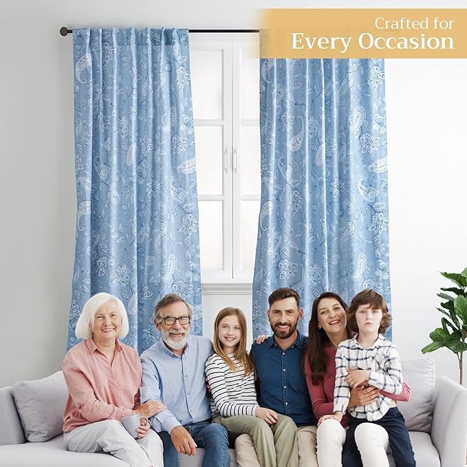 Maison d' Hermine Curtains for Living Room 100% Cotton 108 inch Length One Panel Light Filtering Curtains for Bedroom Windows with Rod and Loop Pockets Drapes (Ramage Steel Blue, 50" W x 108" L)