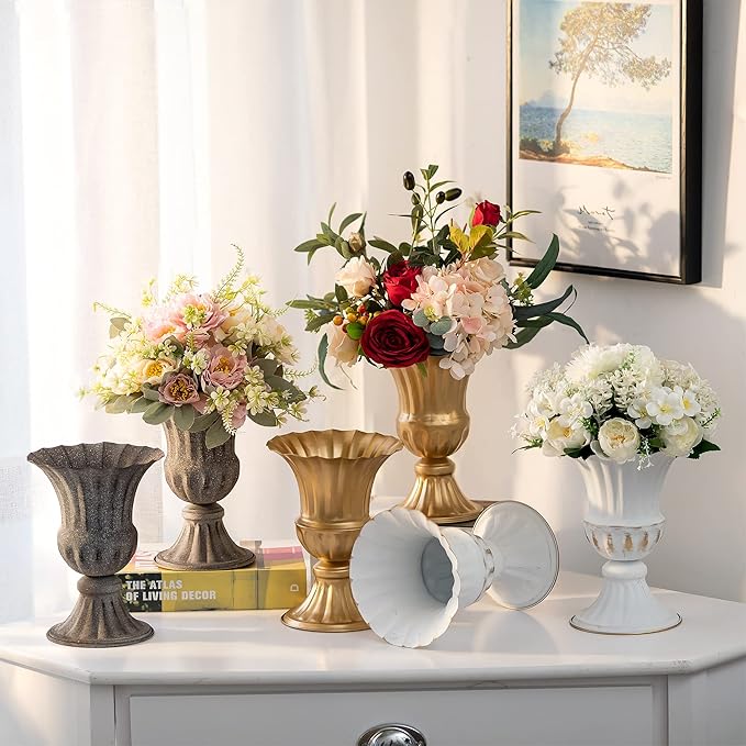 Sziqiqi Metal Vases for Fake Fresh Flowers Rustic White Flower Pot for Indoor Outdoor Elegant Floral Plant Holder Bulk for Garden Wedding Home Farmhouse Decor 9in