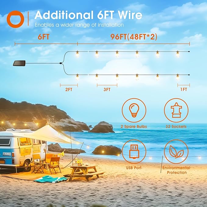 addlon 102FT(96+6) Solar String Lights Outdoor Waterproof with USB Charging & Remote Control - Dimmable Solar Power Patio Lights with LED Bulbs for Porch, Garden, Yard, Market, Bistro - Lasts 20+ Hrs