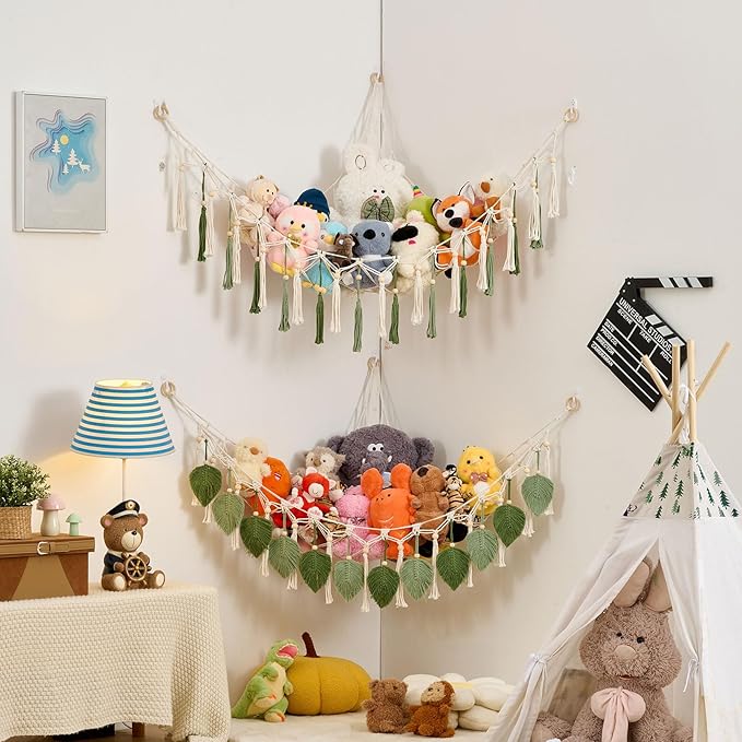 Pretty Jolly Macrame Leaf Wall Hanging Storage Hammock, 59" Boho Corner Organizer with Tassels, Stuffed Animal Plush Holder for Kids Room Nursery Decor (Avocado Green & Sage Green)