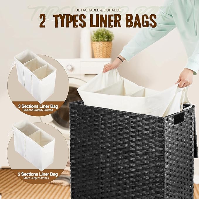 Greenstell Laundry Hamper with Lid, 125L Large Clothes Hamper with 3 Section & 2 Section Removable Liner Bags & 5 Mesh Laundry Bags, Handwoven Synthetic Rattan Divided Laundry Basket, Black