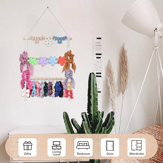 Macrame Hair Claw Clip Organizer, Hanging Bow Hanging Hair Clip Holder and Storage for Women Girls Hair Accessories, Boho Wall Decor, Suitable Home Door Closet Bedroom Decor