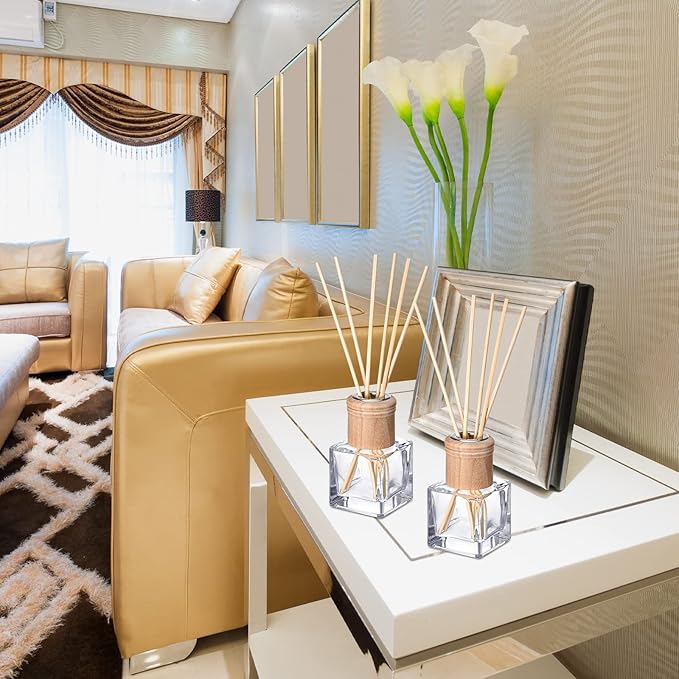 Roshtia 50 Set Reed Diffuser Bottle Empty Refillable Fragrance Glass Diffuser Bottles with Wooden Caps Rattan Sticks 50ml 1.7 oz Glass Jars for DIY Fragrance