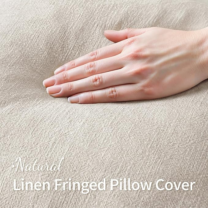 MIULEE Decorative Throw Pillow Covers Neutral Linen Fringe Throw Pillows Set of 2 Natural Beige Boho Farmhouse Cushion Covers with Tassels for Couch Sofa Bed Living Room Spring Home Decor 18x18 Inch