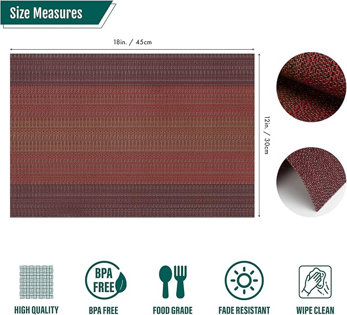 Winknowl Placemats, Set of 8 Heat Resistant Stain Resistant Woven Vinyl Insulation Placemats, Durable Washable Elegant Table Mats for Dining (Red)