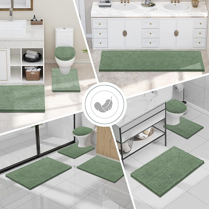 Smiry Luxury Chenille Toilet Rugs U-Shaped 24x20, Soft Absorbent Non-Slip Contour Bathroom Rugs for Toilet, Machine Washable Contoured Bath Mats, Olive Green