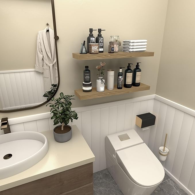Floating Shelves for Wall - 24 x 9 Inch Natural Wood Shelves for Bathroom, Bedroom, Kitchen Decor, Farmhouse Decor Set of 2
