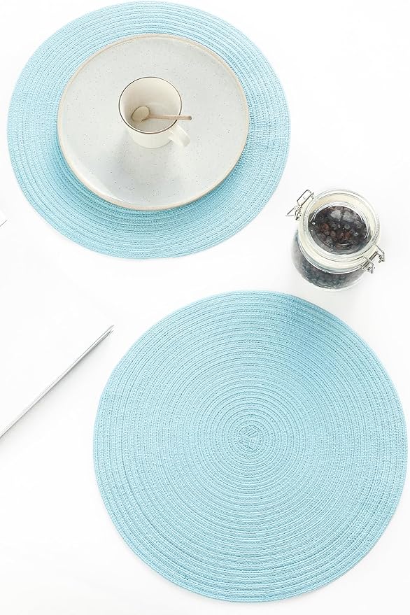 Floroom 15 Inch Round Braided Placemats Set of 4, Washable Heat Resistant Cotton Polyester Circle Place Mats for Kitchen Dining Table - Light Blue