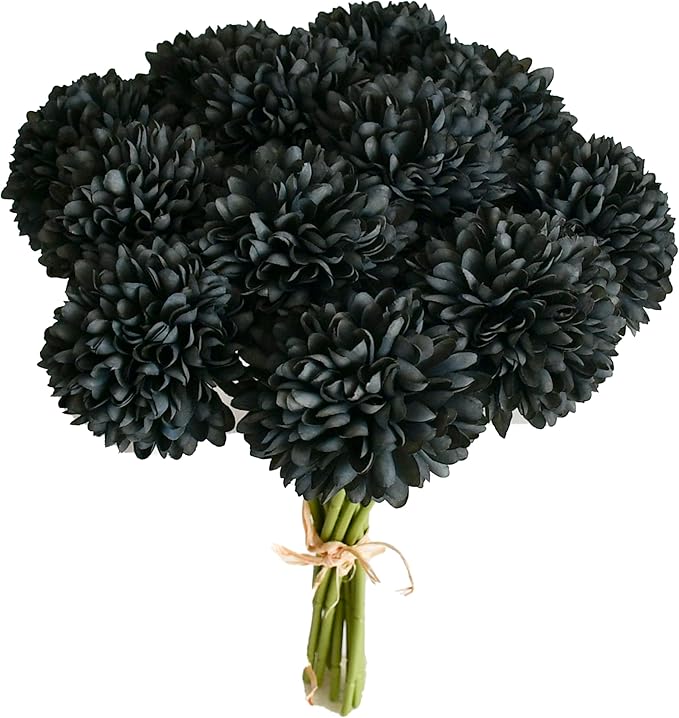 Mandy's Black Artificial Ball Chrysanthemum 12 Stems Faux Flowers with Bendable Stems for DIY Wedding Centerpiece Fall Decor Home Arrangements