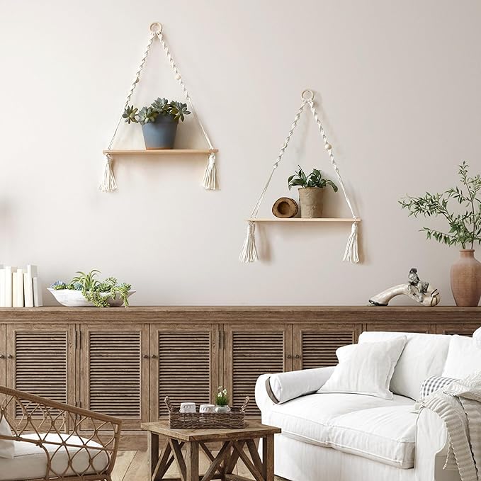 Artilady 2 Pack Wooden Wall Hanging Shelves - Boho Floating Shelves White Macrame Plant Shelf Adjustable Storage Rack Rustic Wall Decor for Bedroom Living Room Nursery