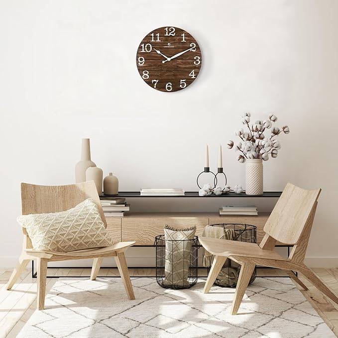 Lafocuse 12 Inch Silent Brown Wall Clocks for Kitchen Living Room Decor, Wooden Rustic Wall Clock Battery Operated, Decorative Farmhouse Clock