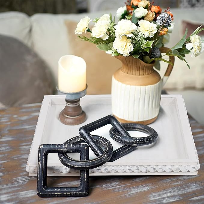 HPC Decor 12in Square Decorative Tray for Home Decor- White Wood Beaded Tray- Decorative Square Tray for Living Room Decor, Coffee Table Decor, Kitchen Table Decor or Farmhouse Serving Tray