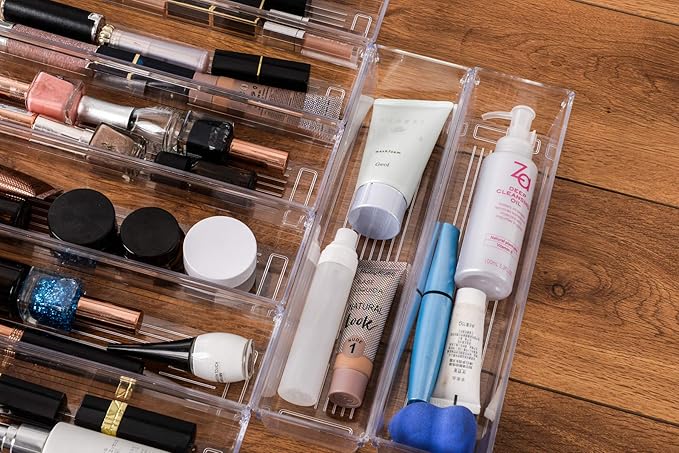 Backerysupply Clear Plastic Drawer Organizer Tray for Vanity Cabinet (12”×3”×2”,Set of 8),Storage Tray for Makeup, Kitchen Utensils, Jewelries, and Gadgets