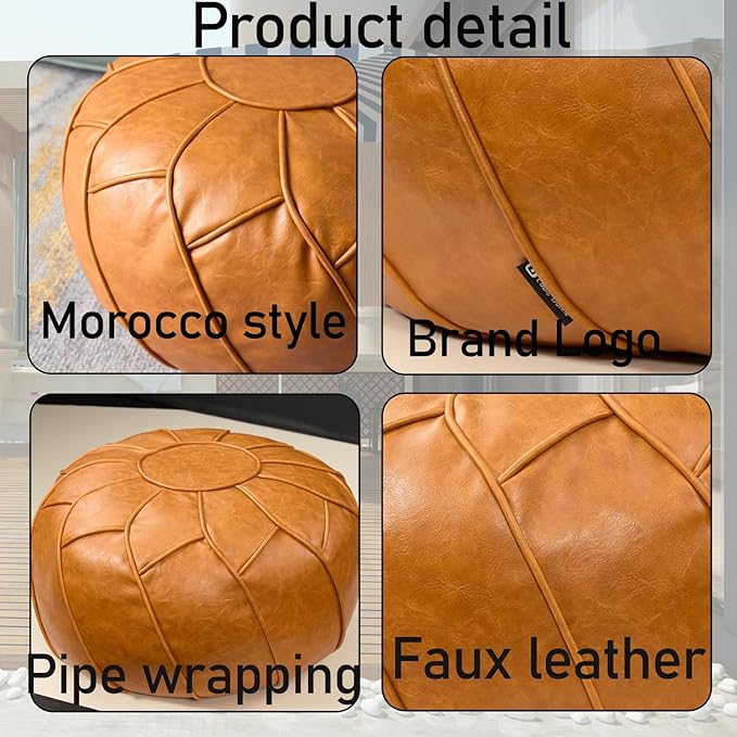 Louis Donné Unstuffed Pouf Cover, Round Foot Stool Ottoman for Foot Rest, Storage Bean Bag Floor Chair, Waterproof Faux Leather Pouffe, Footstool for Living Room, Kids Room or Bedroom (Yellowish)