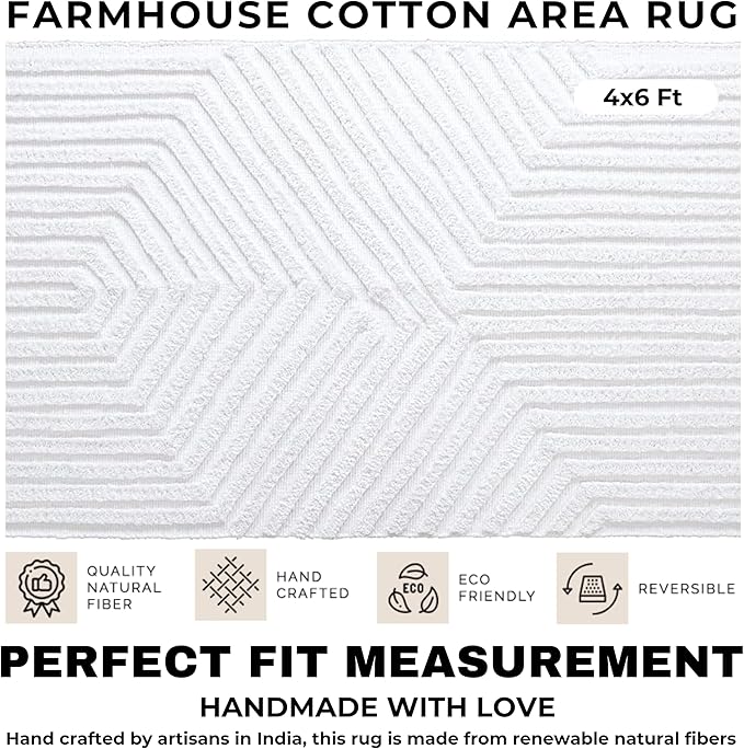 Boho Rugs for Living Room 4x6, Farmhouse Cotton Area Rug for Bedroom, Washable Tufted Indoor Floor Carpet for Kitchen Dorm Office Dining Room Office Home Decor, White