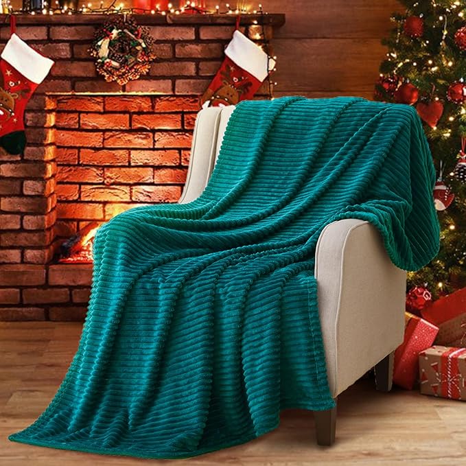 Vessia Flannel Fleece Dark Green Throw Blanket(50X70 Inch), 300GSM Warm Soft Comfy Forest Green Stripe Bed Blanket, Cozy Microfiber Ribbed Sofa Throw for All Season