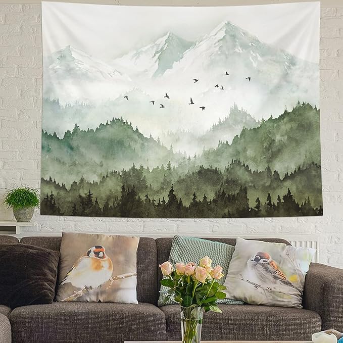kampdream Mountain Forest Tapestry, Misty Foggy Sage Green Tree Landscape Watercolor Art Wall Tapestries, Nature Scenery Tapestry for Bedroom Living Room Backdrop 60×80 inch