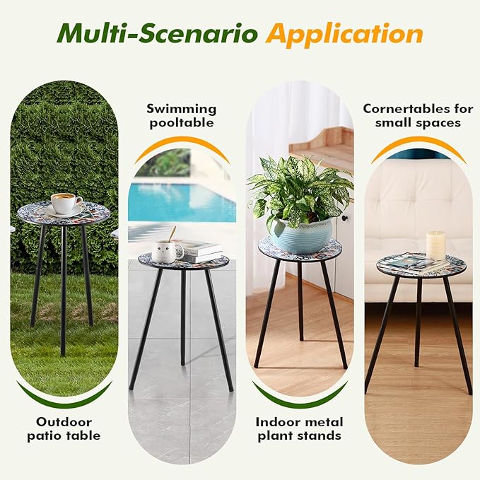 2 Packs Metal Mosaic Round Side Tables 13.4" Small Outdoor Patio Round Accent Coffee Tables Indoor Corner Stand for Small Spaces Weather-Resistant for Balcony, Porch Plant Stands Indoor, Mixed Mosaic