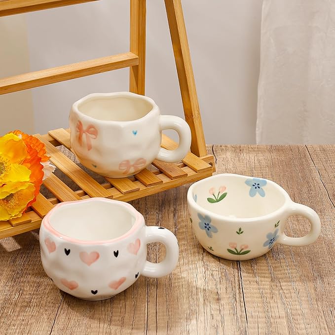 Koythin Ceramic Coffee Mug, Handmade Hot Chocolate Mugs, Cute Cup for Girl Women, Aesthetic Tea Milk Cup with Handle, 8.5 oz/250 ml for Latte, Cocoa, Office, Home (Blue Tulip Flowers)
