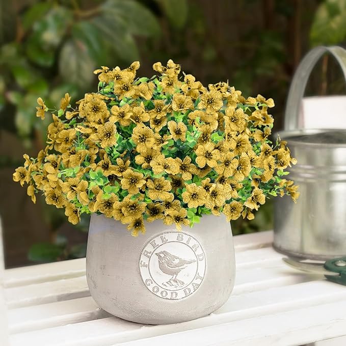 Artificial Flowers Outdoor Faux Plants UV Resistant 12 Bundles Fake Patio Flowers Plastic Greenery Plnats Outside Bulk for Spring Garden Hanging Planter Home Vase Decor, Yellow