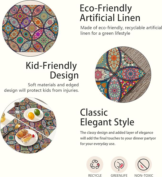 Mandala Flower Placemats Set of 6,Vintage Boho Flower Place Mats Heat Resistant Washable Non-Slip Table Mats for Party Kitchen Dining Decor 12x18 Inch