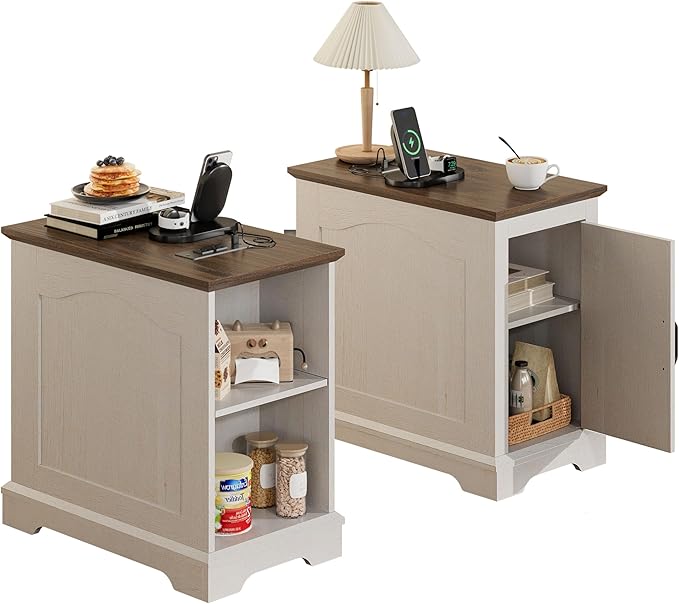 Narrow End Table with Storage, Farmhouse Side Table with Power Outlets & USB Ports, Small Night Stand for Living Room, for Bedroom, Living Room (Wood Door, White & Espresso)