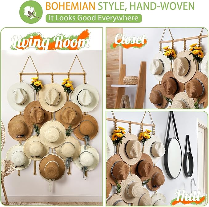 Macrame Hat Organizer Rack for Wall 15 Clips 31x53in Large Fedora Hat Hangers Display for Wide Brimmed Hat Holder Storage Boho Decor for Fedora Sun Straw Panama Closet Bedroom Brown
