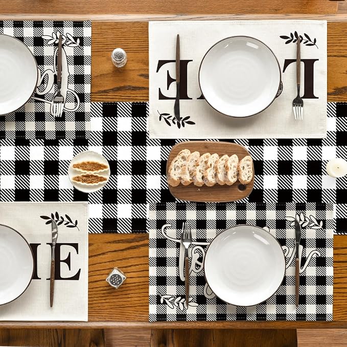 Artoid Mode Love Family Together Home Buffalo Plaid Placemats for Dining Table, 12 x 18 Inch Holiday Vintage Thanksgiving Washable Table Mat Set of 4