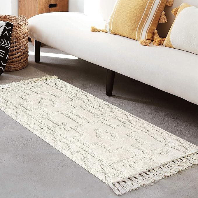 Uphome Boho Bathroom Runner Rug 2' x 4.3', Washable Woven Cotton Bedroom Rug Runners, Beige Aesthetic Tufted Entryway Runner Rugs, Bohemian Tribal Throw Rugs for Bedside Living Room Laundry Kitchen