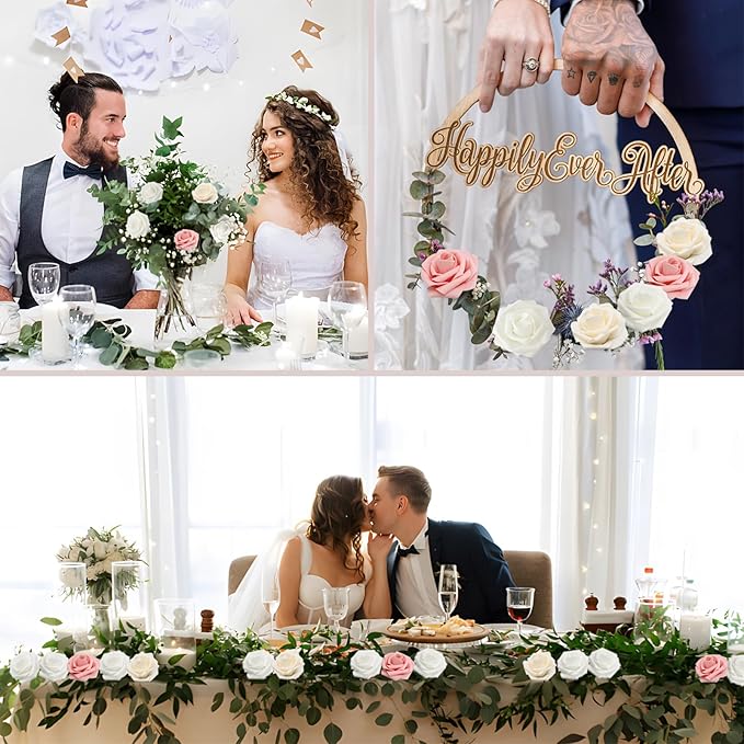 200PCS Artificial Flowers Champagne Mixed Series Roses Real Looking Foam Fake Roses with Leaves for DIY Wedding Bouquets Bridal Shower Centerpieces Party Decorations