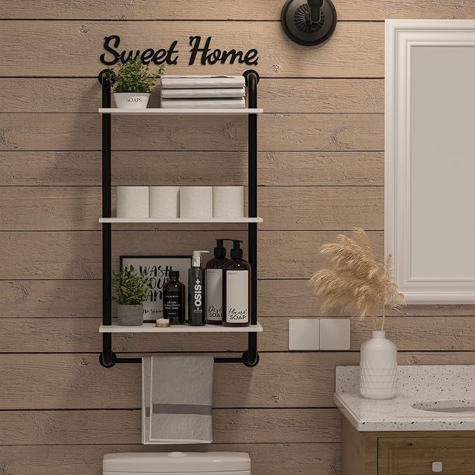Wall Shelves 3-Tier, Bathroom Shelves Over Toilet, Rustic Industrial Pipe Shelves, Farmhouse Bathroom Decor, Floating Shelf Wall Decor for Bedroom, Living Room 17.3 inch, White