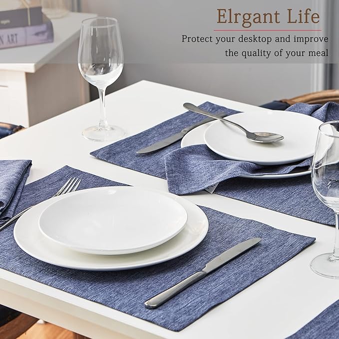 Mebakuk Cloth Placemats, Machine Washable Linen Style Thick Place Mats, Heat Resistant and Easy to Clean Fabric Table Mats for Kitchen Dining Table (Denim Blue, Set of 6)