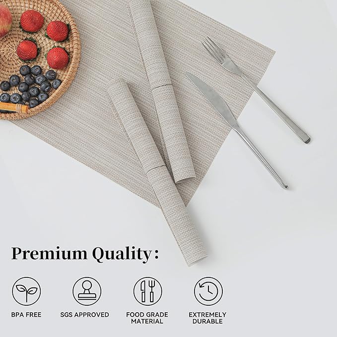 Leetaltree Beige White Placemats Set of 4 - Heat Resistant Non-Slip Place mats for Dining Table, Washable Durable PVC Vinyl Woven Table Mats(Beige White, 4)