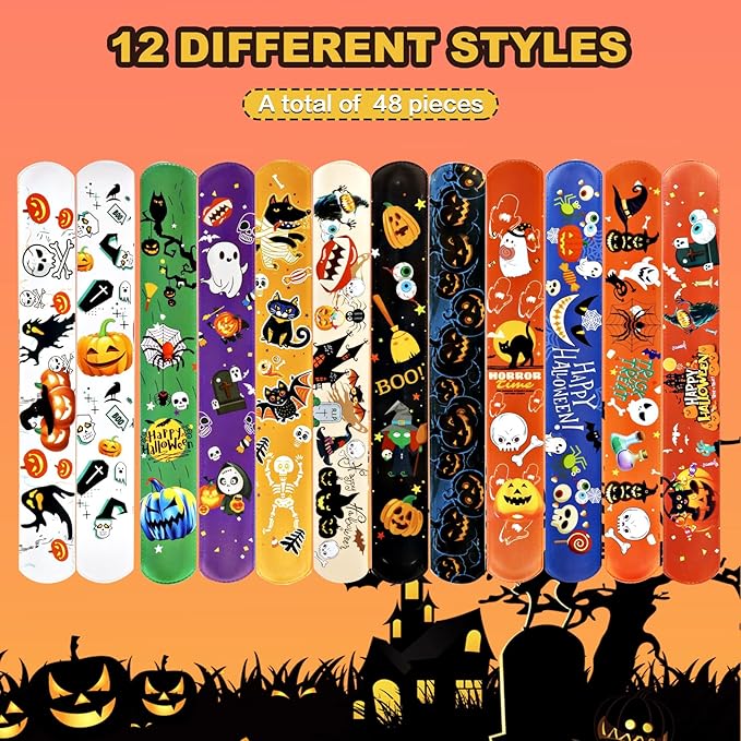 48 PCS Halloween Slap Bracelets Toys for Kids Girls Boys Party Favors Treat Bags Gifts