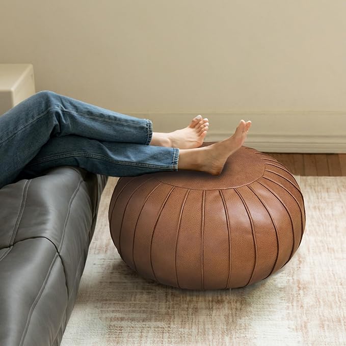 Thgonwid Handmade Storage Pouf Ottoman Foot Stool - Faux Suede Round Floor Cushion 21.6"x13" for Living Room, Bedroom, Wedding Decor, Unstuffed (Brown)
