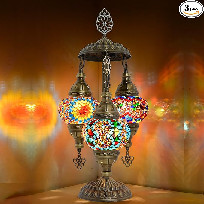 mozaist Tiffany Style Turkish Stained Glass Table Lamp, 3 Globe Mosaic Moroccan Desk Light, Bohemian Vintage Bedroom Nightstand, Antique Handmade Rustic Decor Colorful Lighting (Cappadocia Balloon)