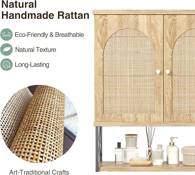Rattan Bathroom Wall Cabinet, Boho Medicine Wall Cabinet with Double Doors and Adjustable Shelves, Tall Kitchen Wall Mounted Storage Cabinet, Floating Space Saver Over Toilet, Natural
