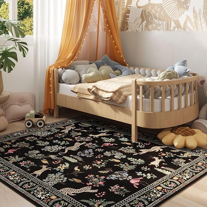 Living Room Rug 6x9 Rug Machine Washable Boho Area Rug Non Slip Floral Animal Vintage Low Pile Large Rug for Living Room, Bedroom, Farmhouse, Dining Room, Kids Playroom (Black)
