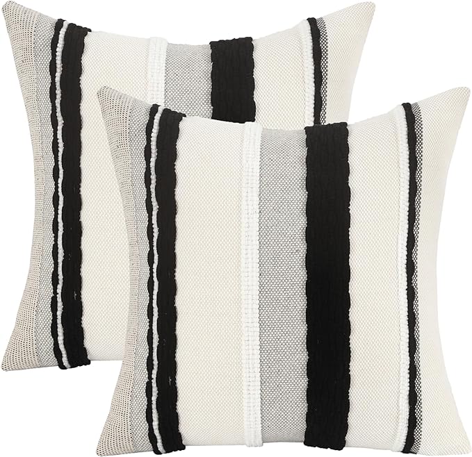 Tosleo Boho Throw Pillow Covers 18x18 Set of 2 Striped Decorative Pillow Cases Accent Chenille Pillowcases Farmhouse Cushion Case Bohemian Nuetral Textured Pillow Cover,Black and White