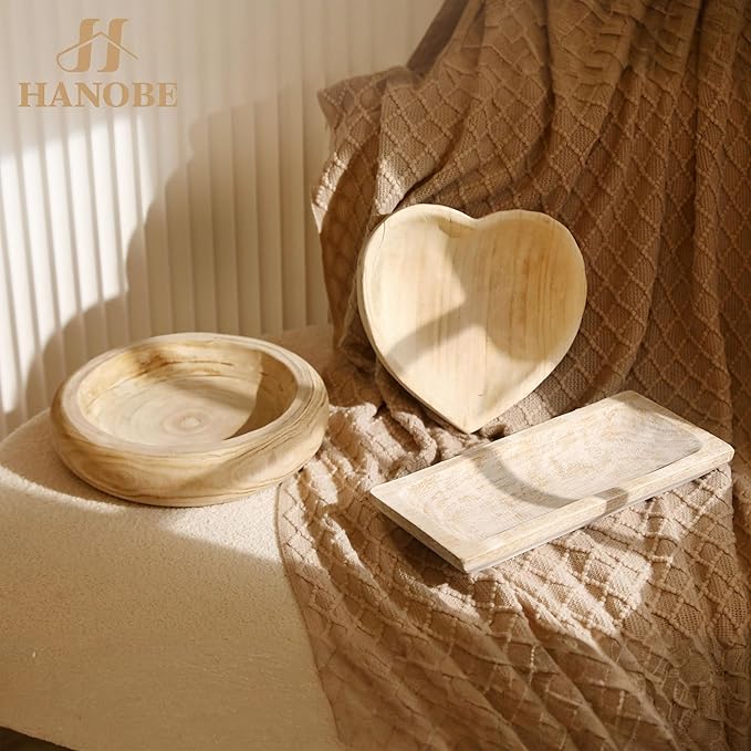 Hanobe Decorative Wood Dough Bowl: Long Wooden Centerpiece Table Decorations Natural Candle Holder Tray Decor Rustic Unfinished Trough Centerpieces for Dining Room Kitchen, White
