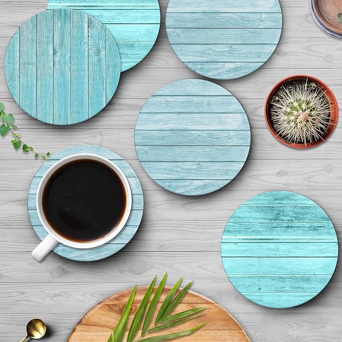 Britimes Coaster for Drinks Set of 6, Wooden Planks Blue Wood Paint Table Absorbent Round Ceramic Stone Mat, with Cork Base and Metal Holder, Gift for Housewarming Room Bar Decor