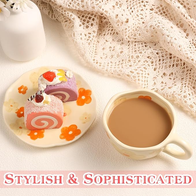 Cappuccino Cups with Saucers 8 oz Latte Art Cup Ceramics Coffee Mugs Irregular Aesthetic Flower Cups for Espresso, Double Shot, Americano, Latte, Tea - Microwave and Dishwasher Safe (Orange Flowers)