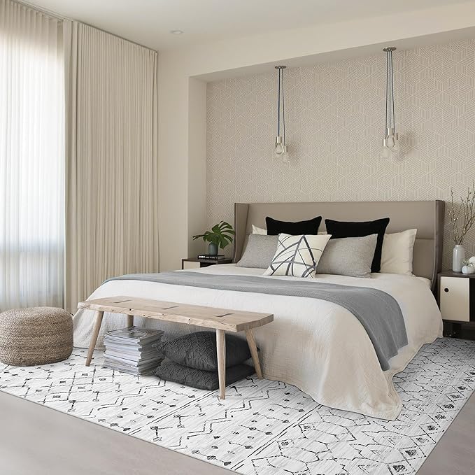 Deerly 6x9 Rug Bedroom Distressed Area Rugs, Non Slip Moroccan Boho Farmhouse Washable Rugs for Living Room Home Office Decor, Soft Low Pile Indoor Floor Carpet Area Rug, White/Dark Grey
